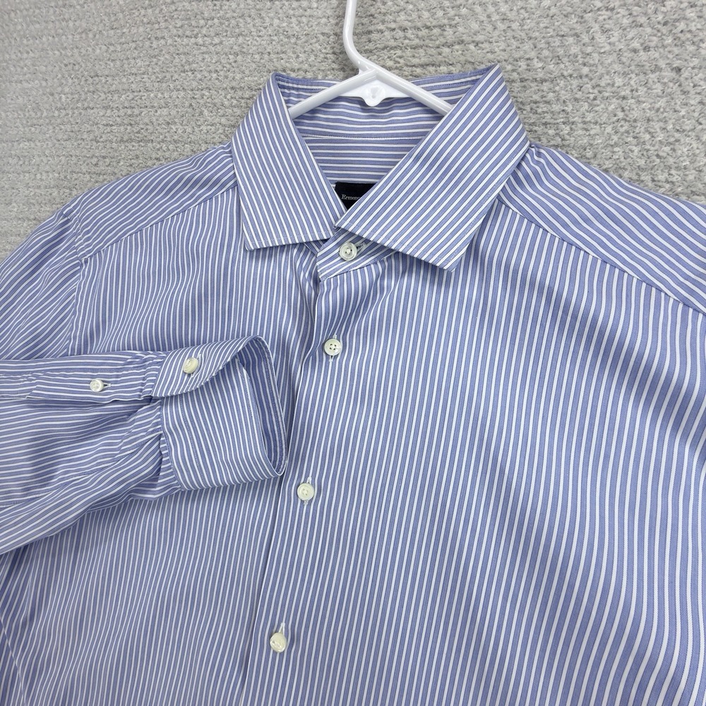 Ermenegildo Zegna Trofeo Dress Shirt 42 16.5 Blue Stripe Cotton Regular Fit